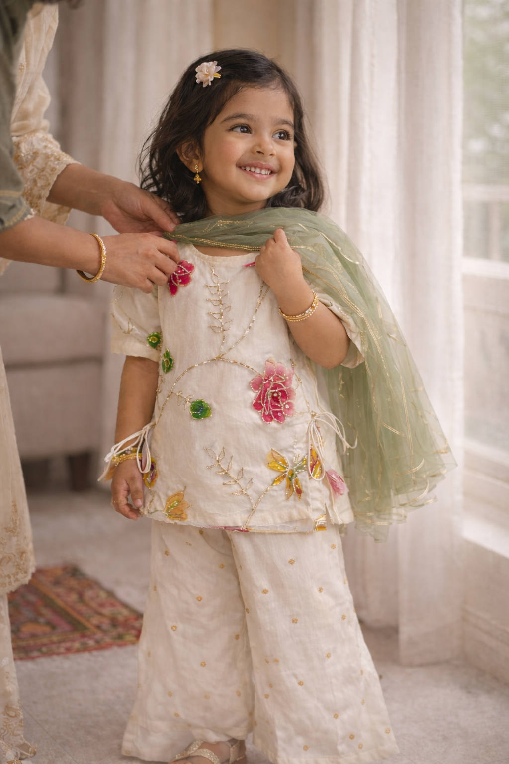 Floral Garden Tissue Sharara - White