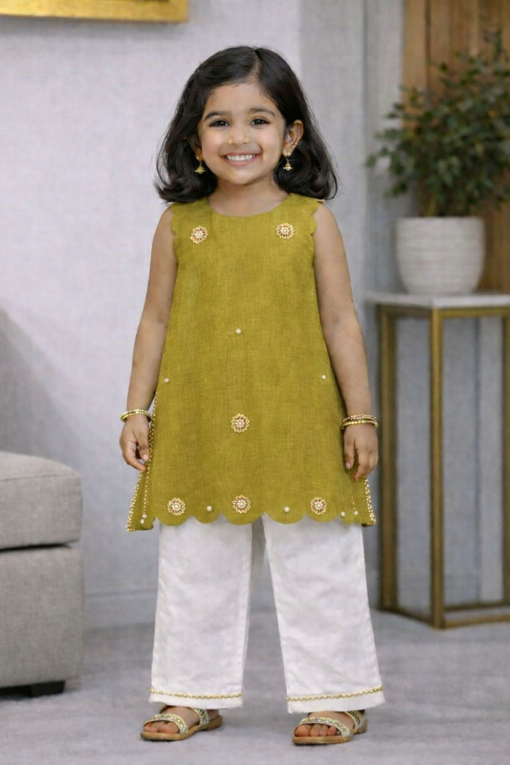 Scalloped Kameez Set - Kolapata Green