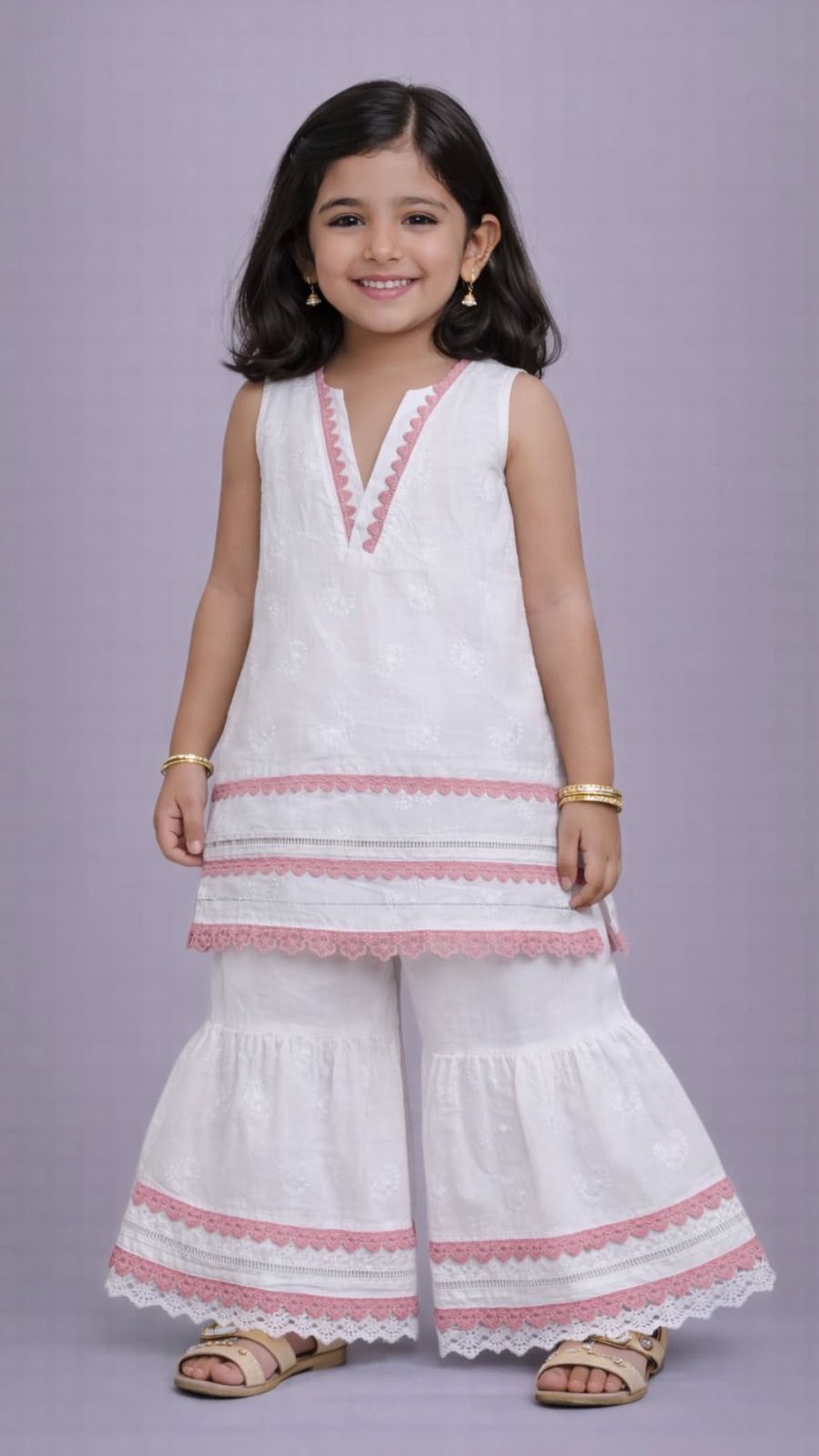 White Chikan Sharara - Rose Pink