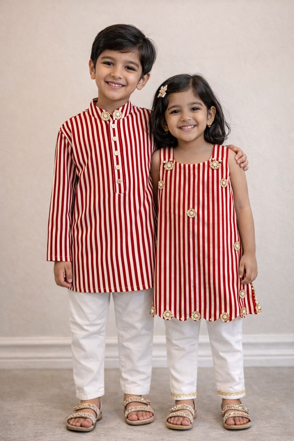 Scalloped Kameez Set - Red & White Stripes
