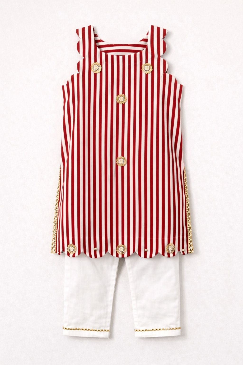 Scalloped Kameez Set - Red & White Stripes
