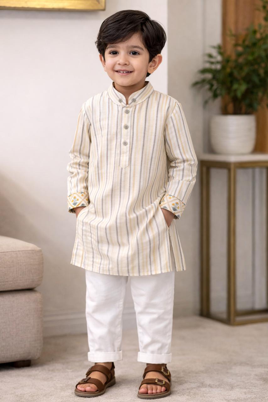 Stripes & Floral Panjabi - Yellow & White Stripes