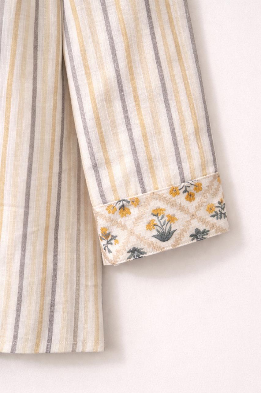 Stripes & Floral Panjabi - Yellow & White Stripes