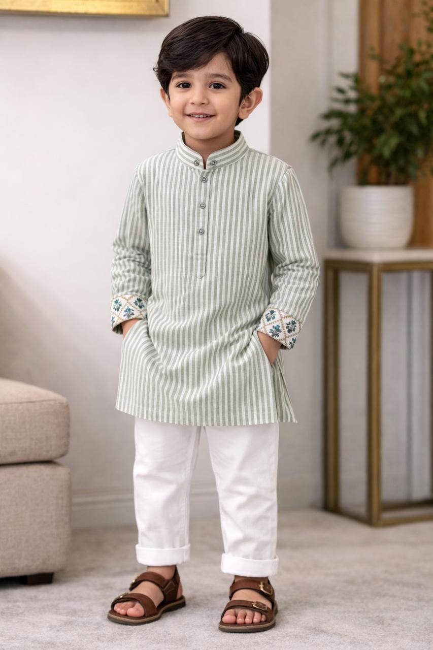 Stripes & Floral Panjabi - Mint & White Stripes