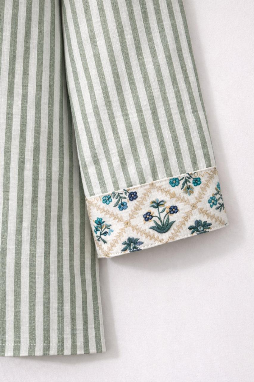 Stripes & Floral Panjabi - Mint & White Stripes