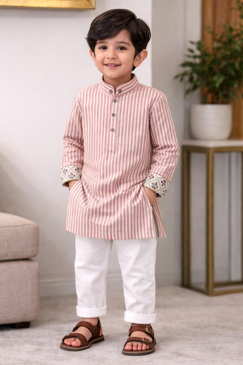 Stripes & Floral Panjabi - Salmon & White Stripes