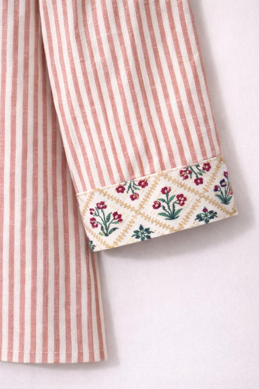 Stripes & Floral Panjabi - Salmon & White Stripes