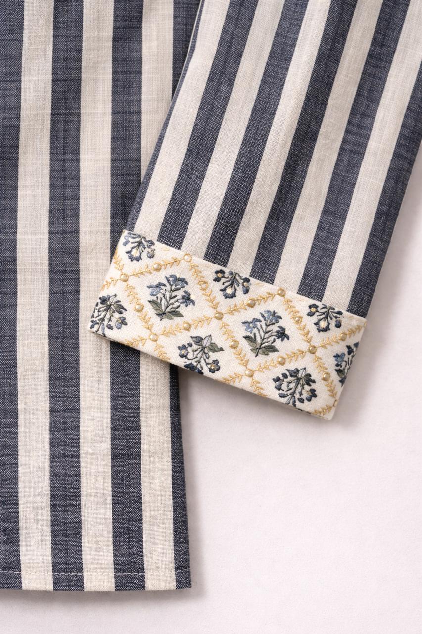 Stripes & Floral Panjabi - Dark Blue & White Stripes