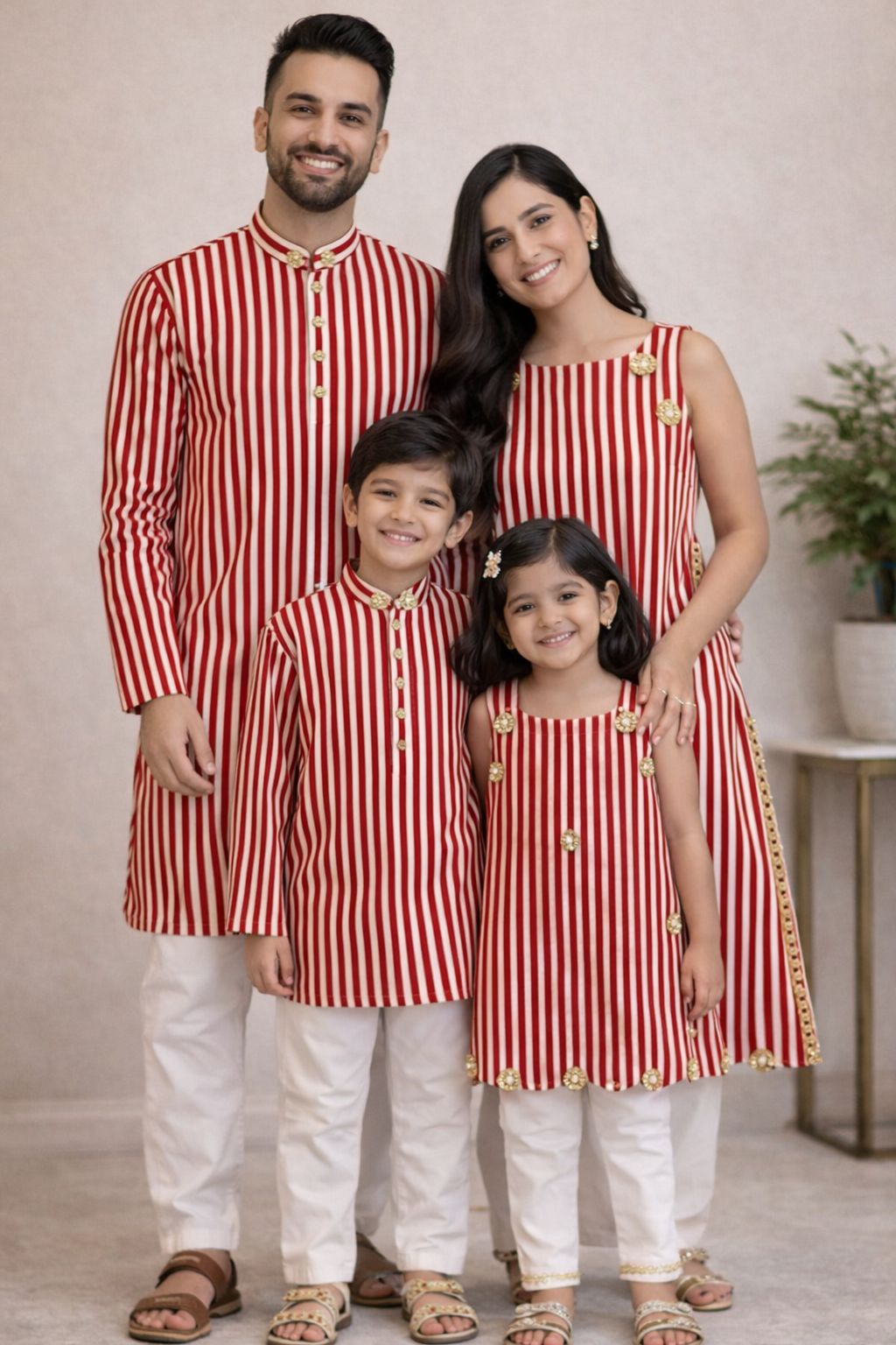 Scalloped Adult Kameez Set - Red & White Stripes