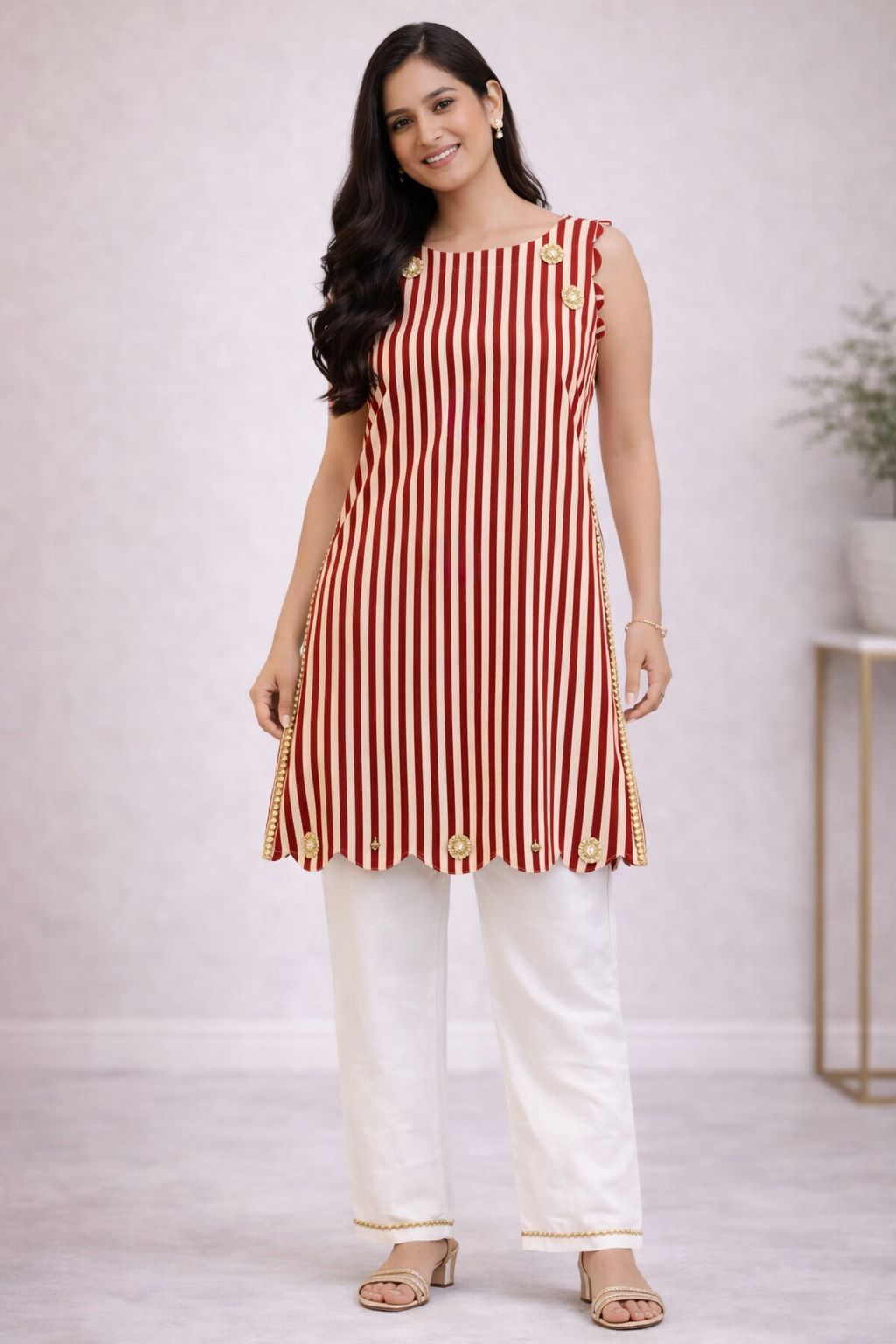Scalloped Adult Kameez Set - Red & White Stripes