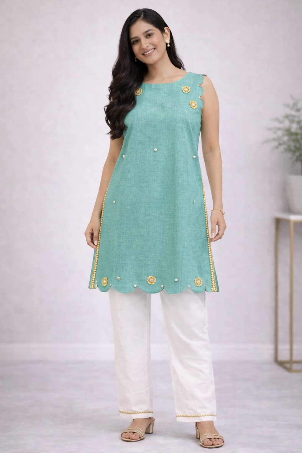 Scalloped Adult Kameez Set - Mint