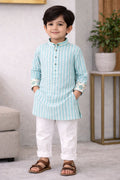 Stripes & Floral Panjabi - Turquoise & White Stripes