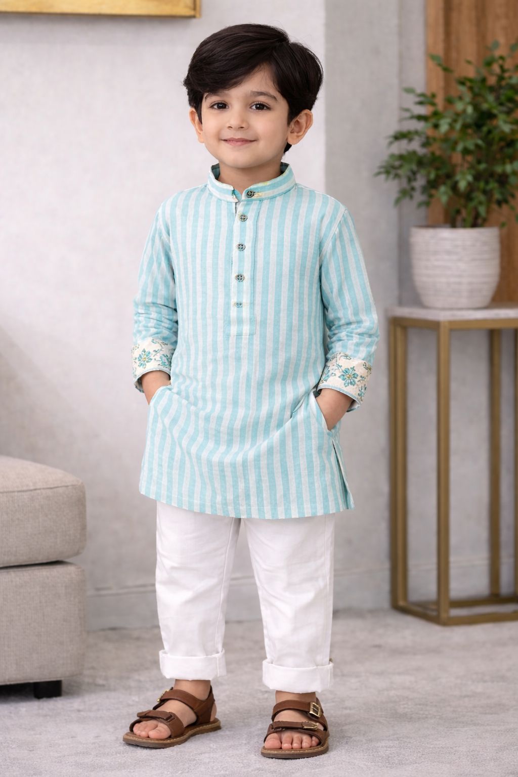 Stripes & Floral Panjabi - Turquoise & White Stripes