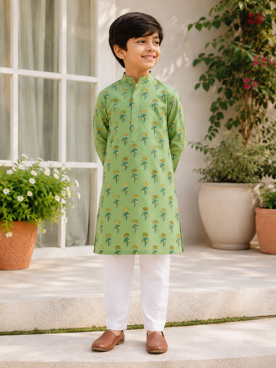 Jaipuri Cotton Panjabi - Sage Marigold