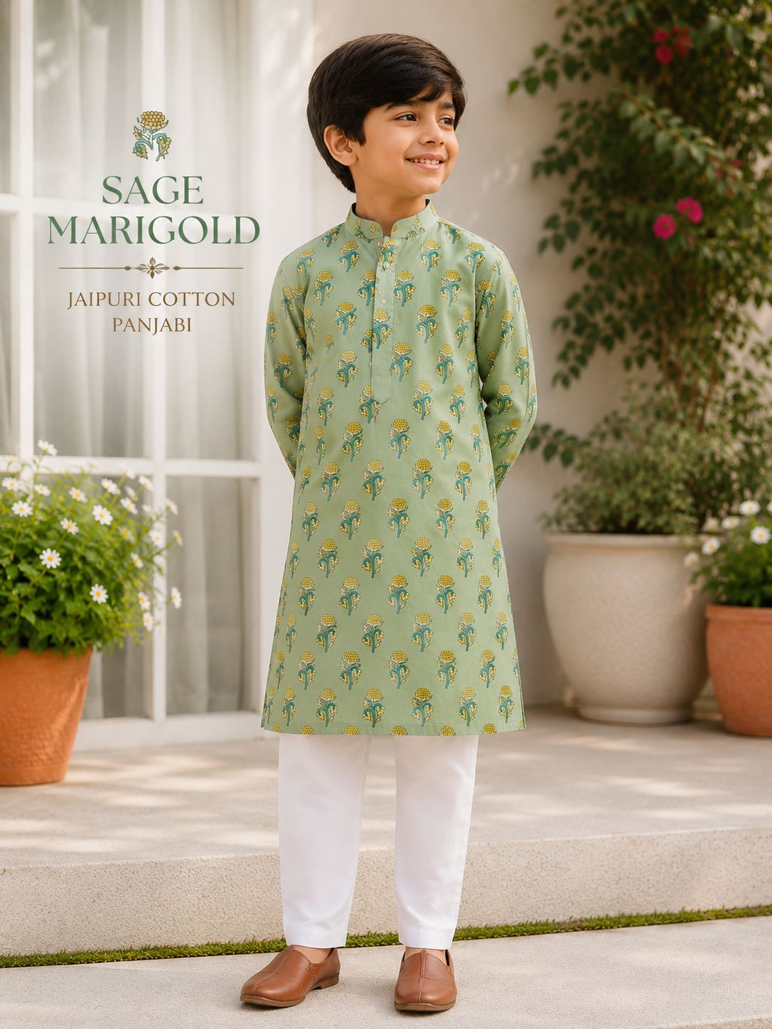 Jaipuri Cotton Panjabi - Sage Marigold