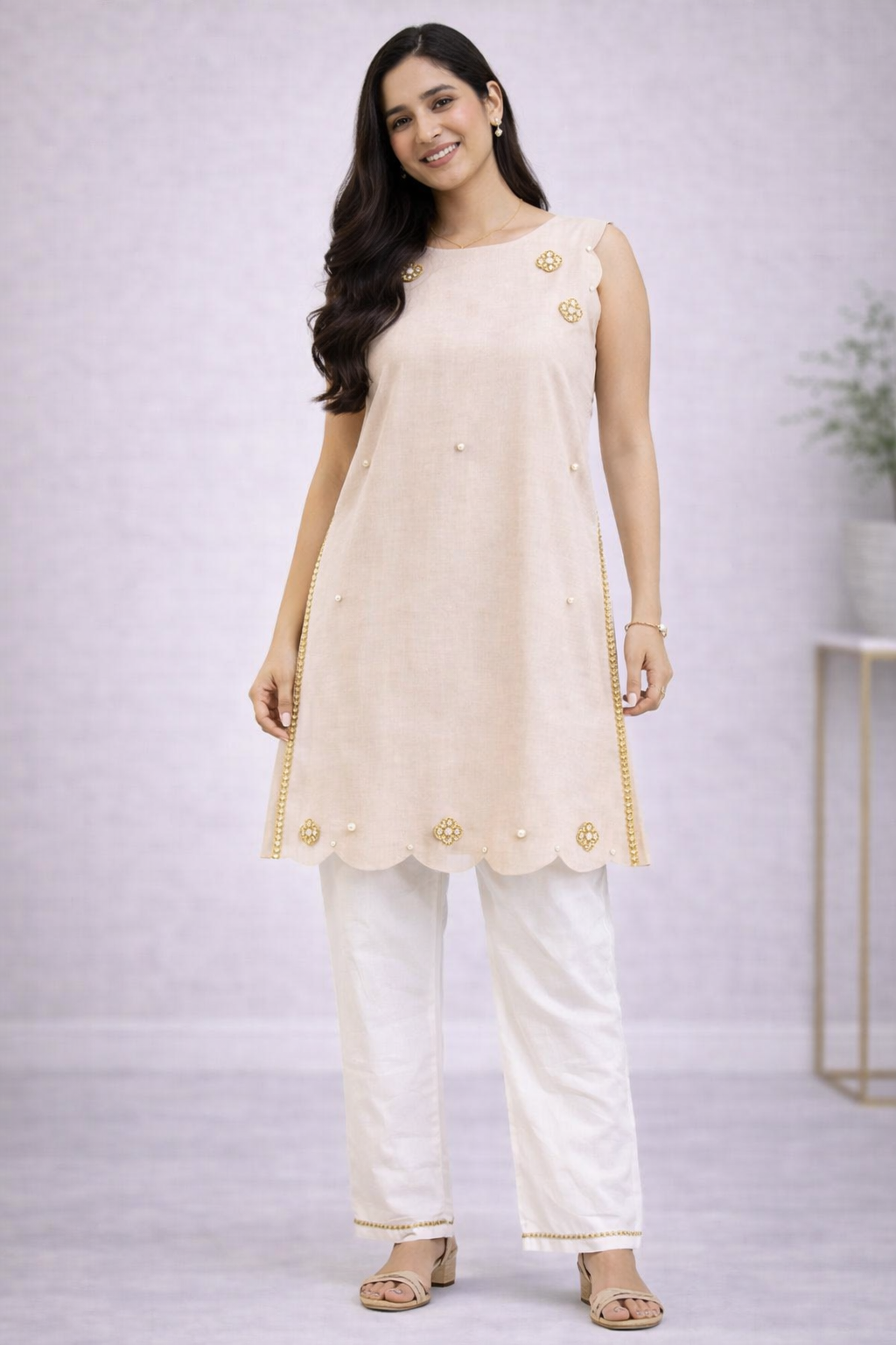 Scalloped Adult Kameez Set - Beige